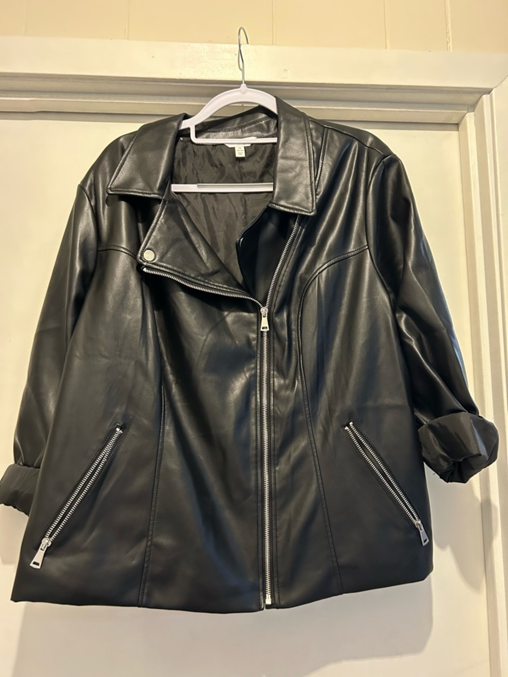 Time and Tru Black Faux Leather Asymmetric Zip Jacket